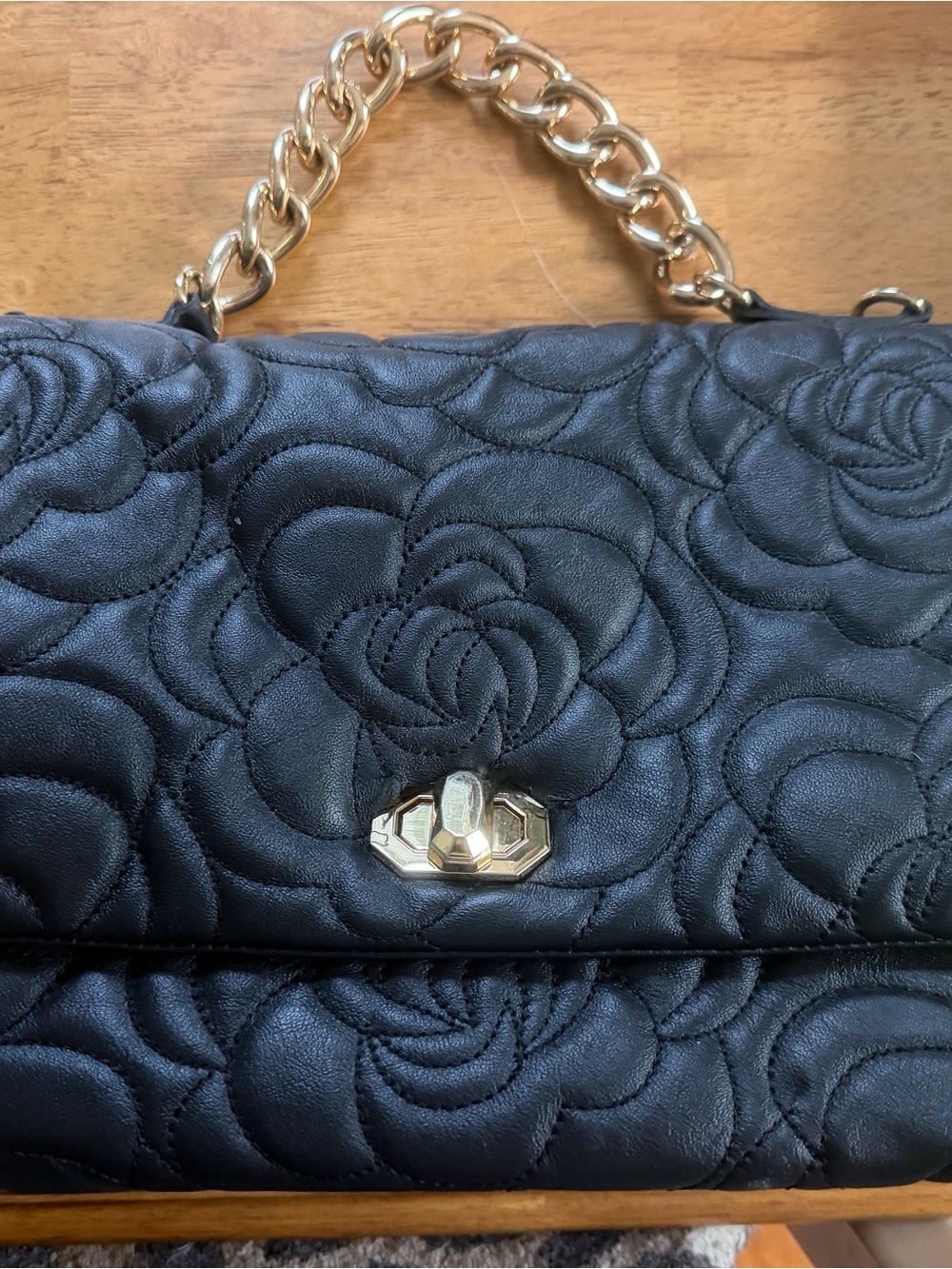 Anna Paola Genuine leather black Quilted Floral Shoulder Bag with Gold Chain